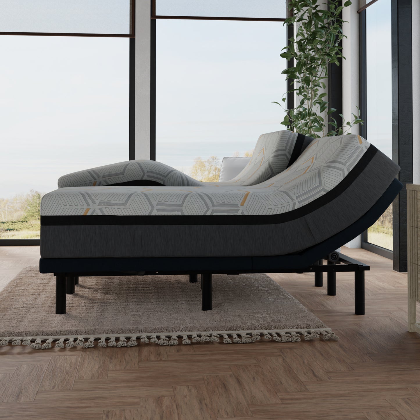 Adjustable bed in a room with large windows and plants