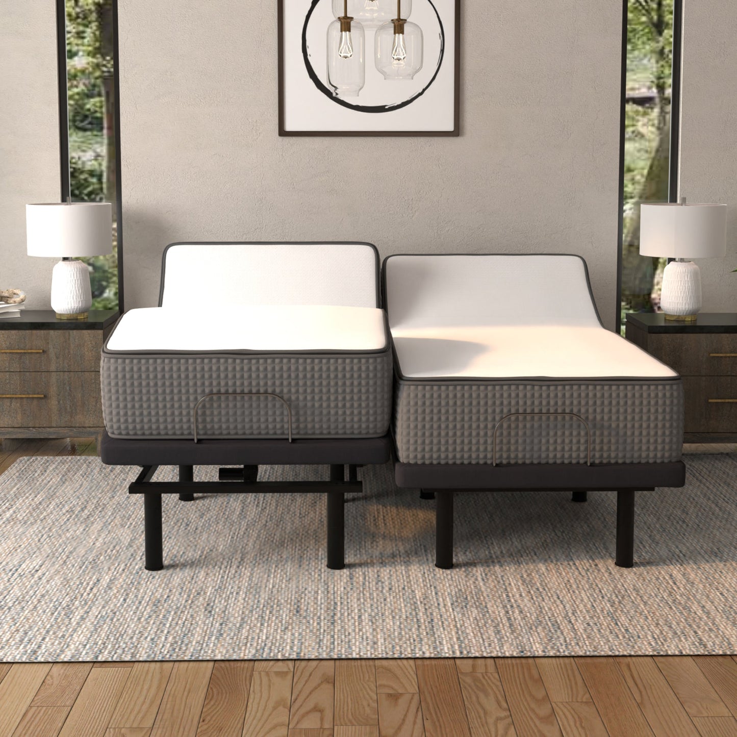 Gray and white mattress on an adjustable bed in a bedroom setting with lamps and decor. 2 Twins make a split king