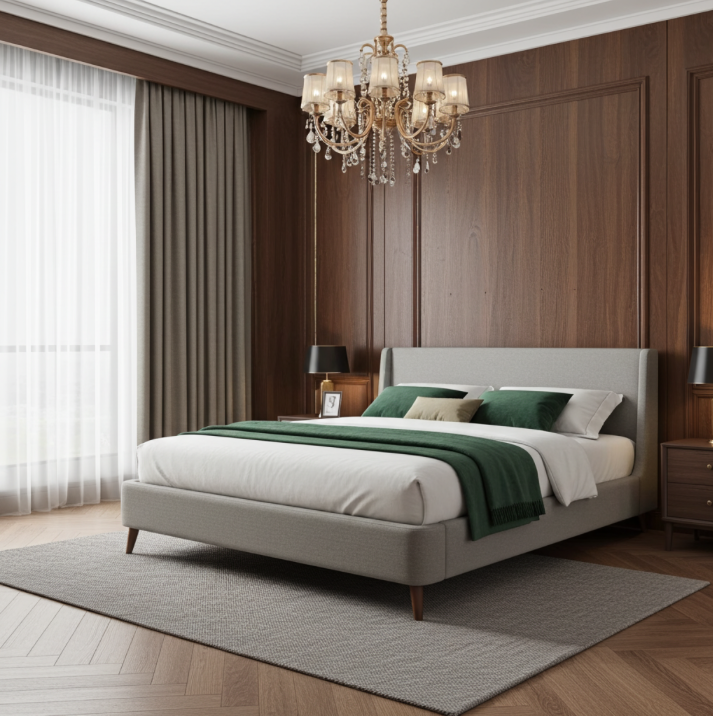 Modern bedroom with a gray upholstered bed, headboard with wings, green blanket, and chandelier. King size bed / mattress. white shees