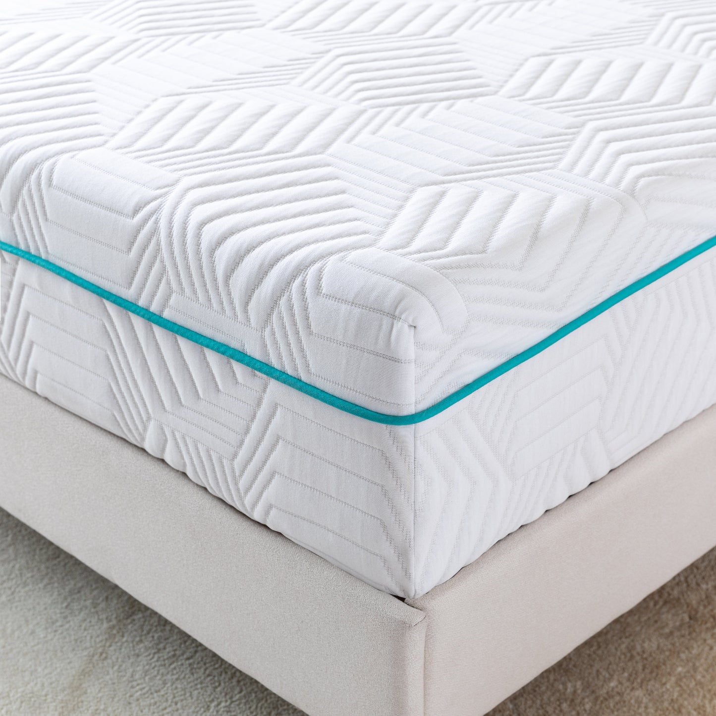 White 10 inch foam mattress in white cover with a textured pattern on a bed