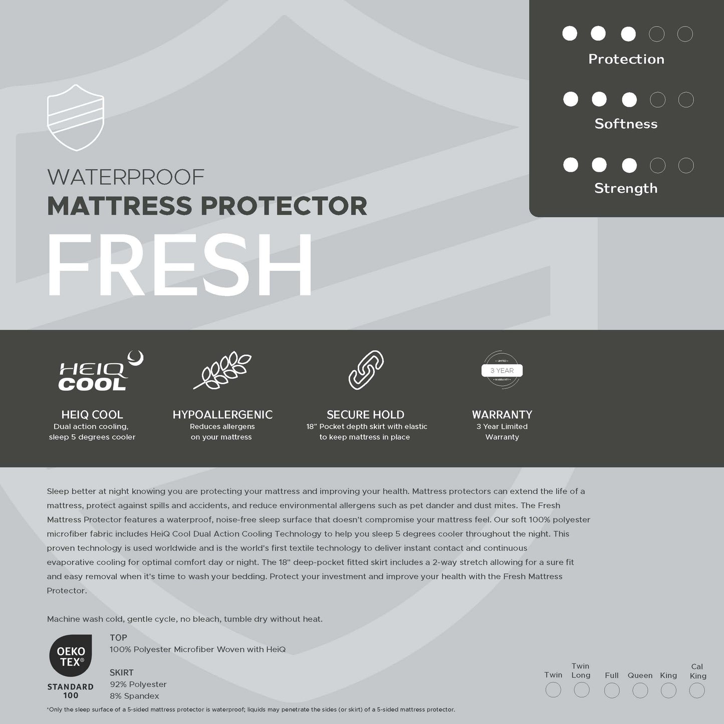 Printed insert for a waterproof mattress protector called Fresh with features listed on a gray background.