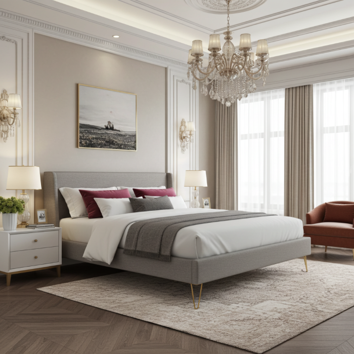 Luxurious bedroom with a gray bed, headboard with wings, chandelier, and large windows. Brass Bed legs. King size bed / mattress