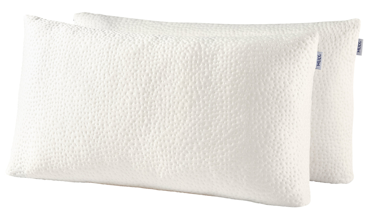 Two white textured shredded memory foam pillows on a white background