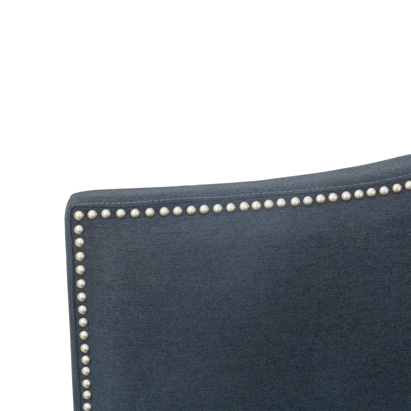 Navy blue Mercer headboard corner with silver nailhead trim on a white background