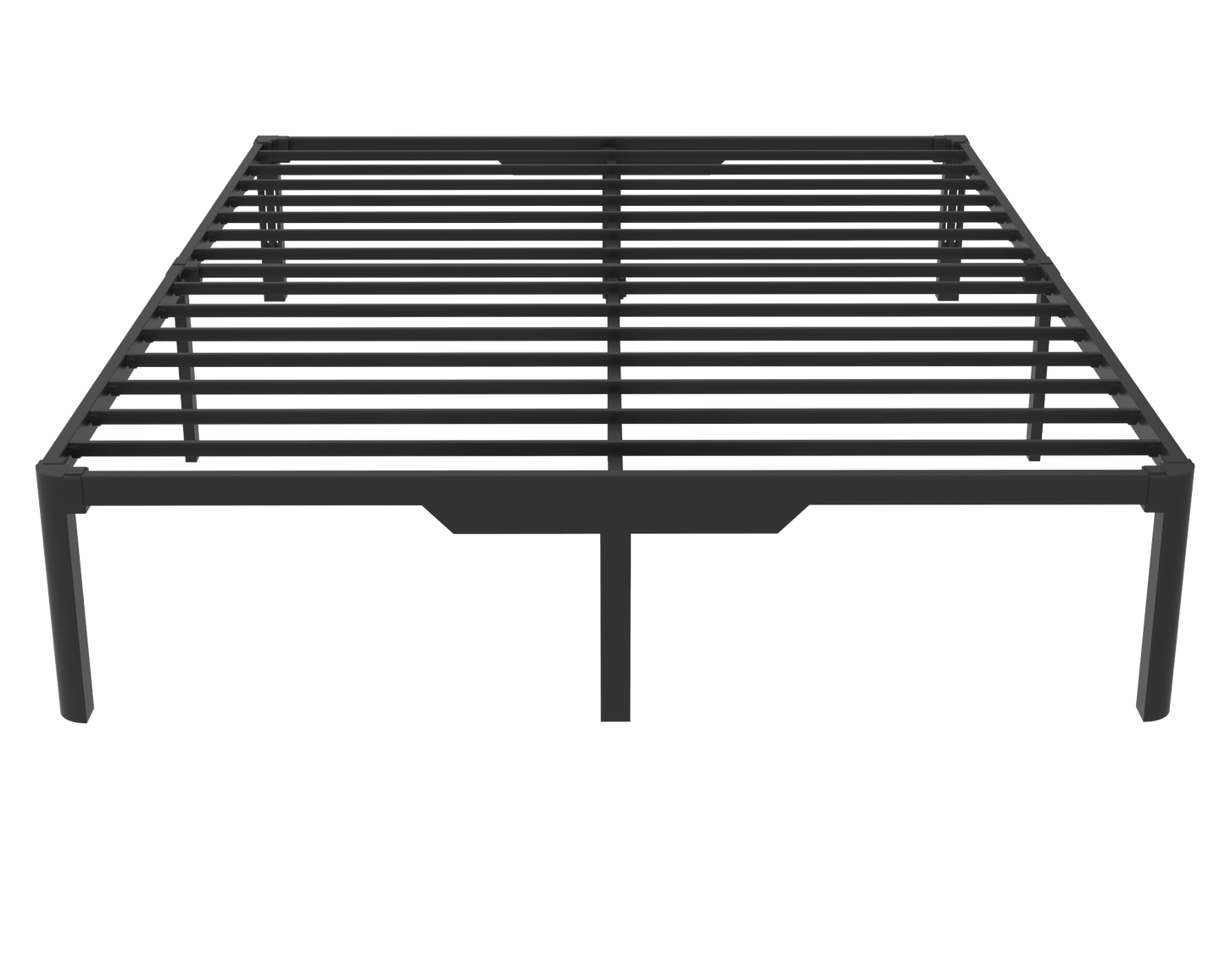 Black metal bed frame on a white background. 12 inch underbed storage and headboard slots to attach various headboards (not included). Queen size