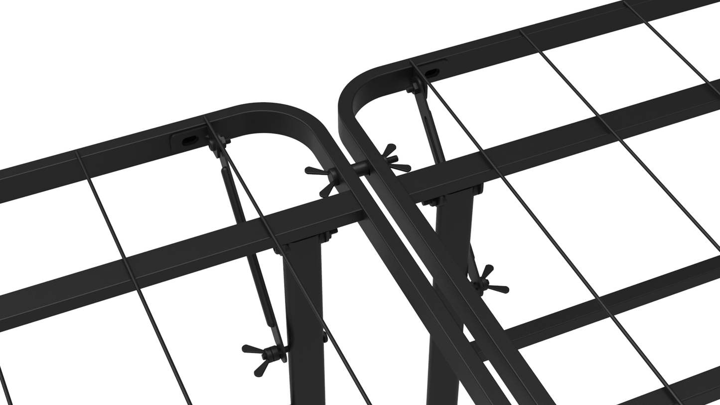 Steel platform bed: close-up shot to show that Full, Queen, King, and Cal-king sizes come as separate parts that link together.