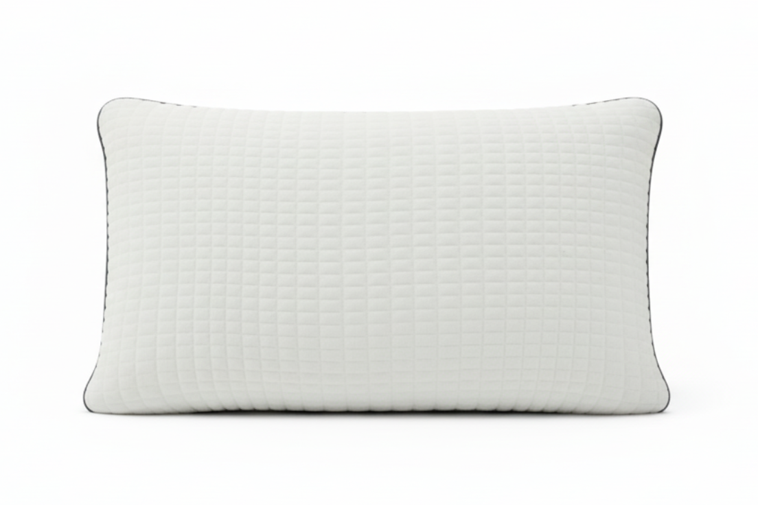 Owen Holmes charcoal-infused memory foam pillow with white quilted cover and gray zipper detail.
