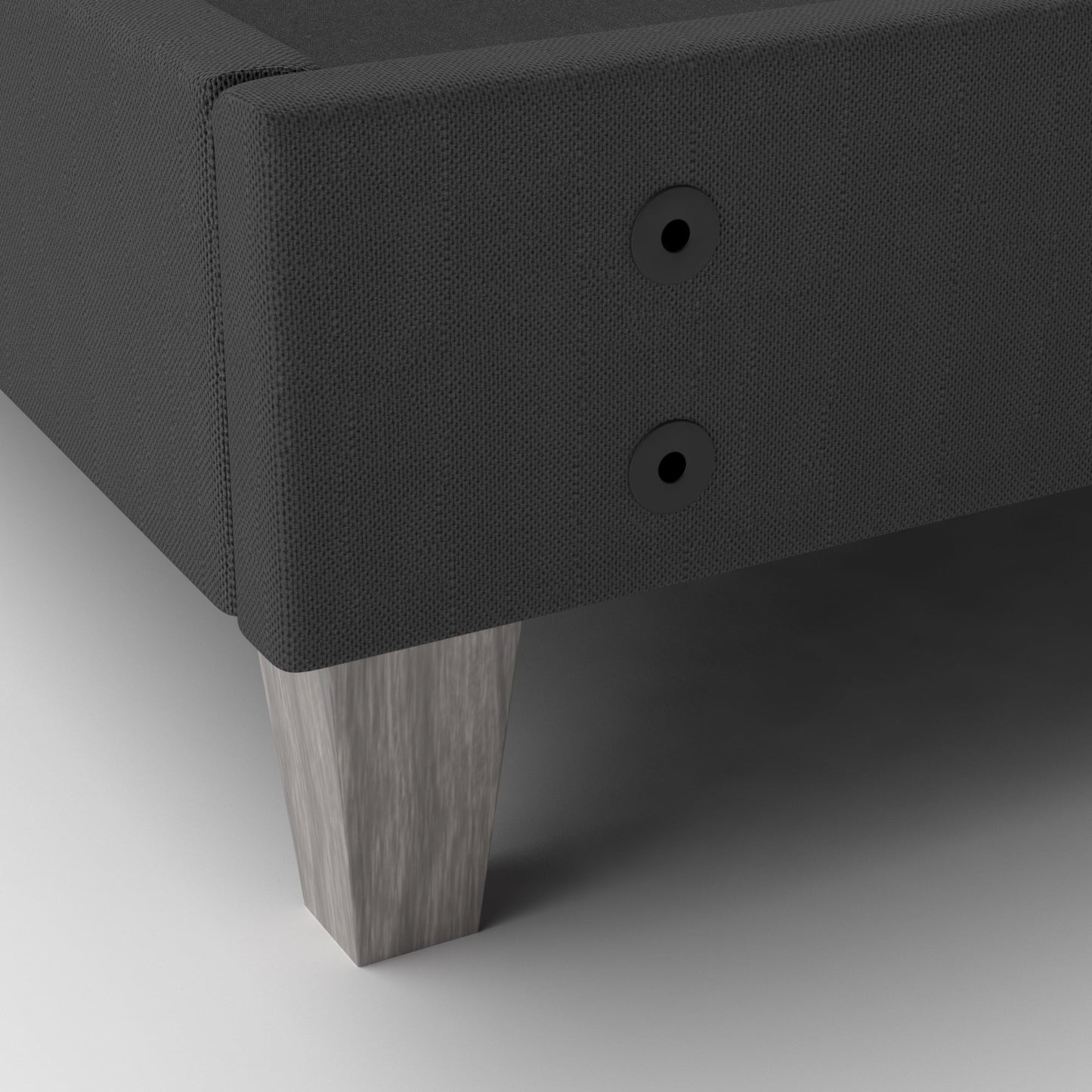Dark gray upholstered platform bed with wooden and headboard drill holes shown to accept any headboard
