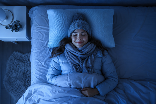 Woman sleeping in winter clothing to stay comfortable, highlighting why breathable cooling pillows help hot sleepers stay cool throughout the night.
