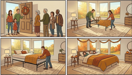 Man sets up a guest bed in a cozy holiday bedroom as family arrives for the season — showing easy setup and comfort with Owen Holmes Steel and Folding Platform Bases.