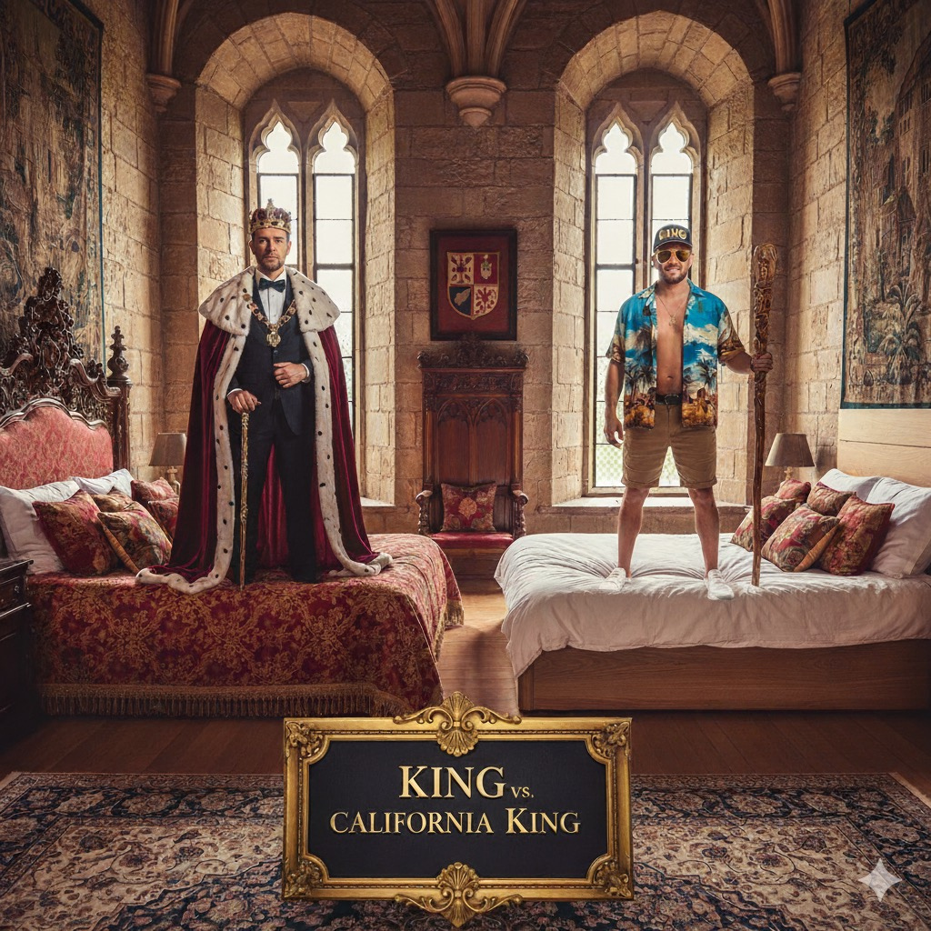 A man dressed in a king's outfit standing on a regular king size bed and another man with a cap that says "King" is wearing sunglass and standing on the California King size bed