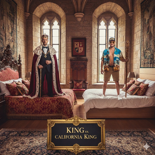 A man dressed in a king's outfit standing on a regular king size bed and another man with a cap that says "King" is wearing sunglass and standing on the California King size bed