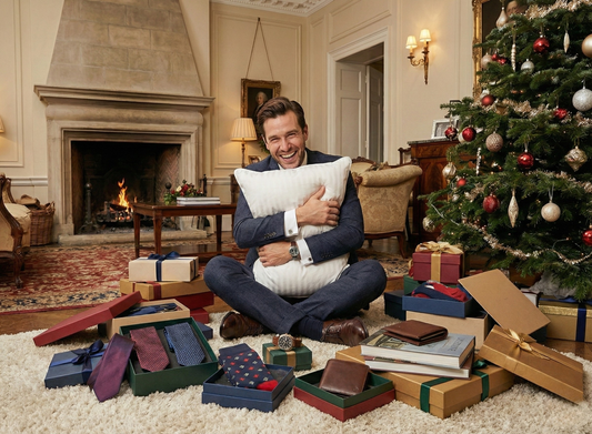 Man surrounded by random holiday gifts like gadgets, socks, and ties looks unimpressed until holding a soft white pillow with a joyful smile — a funny, cozy holiday moment showing the perfect gift for someone who has everything.