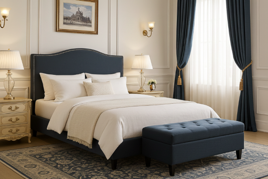 Navy upholstered bed with tall headboard, neutral bedding, and matching bench in a bright bedroom