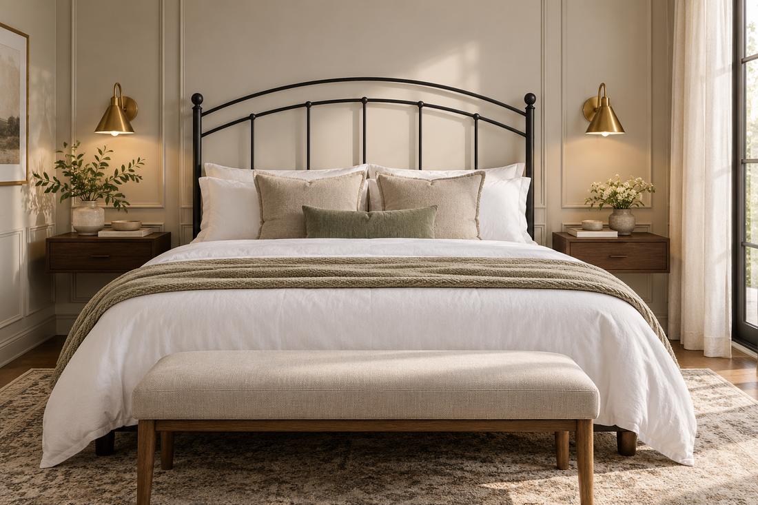 Black metal headboard attached to a platform bed frame in a modern bedroom