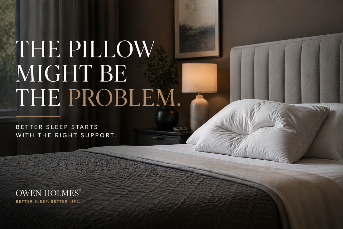 Luxury upholstered bed in a modern bedroom with a visibly collapsed pillow, highlighting that the wrong pillow can affect sleep comfort and support.