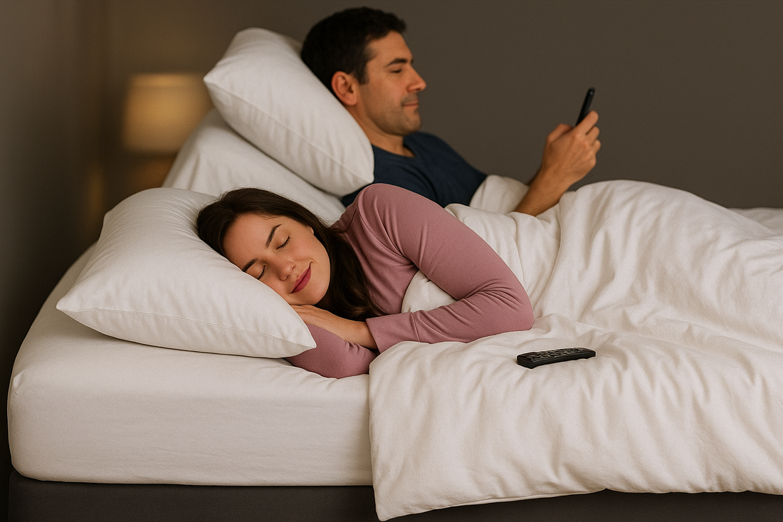 Split King Adjustable bed frame. A couple, each on their own side of the bed. One is sleeping, the other is on their phone.