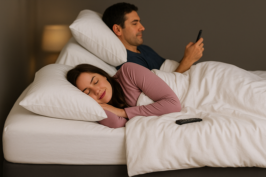 Split King Adjustable bed frame. A couple, each on their own side of the bed. One is sleeping, the other is on their phone.