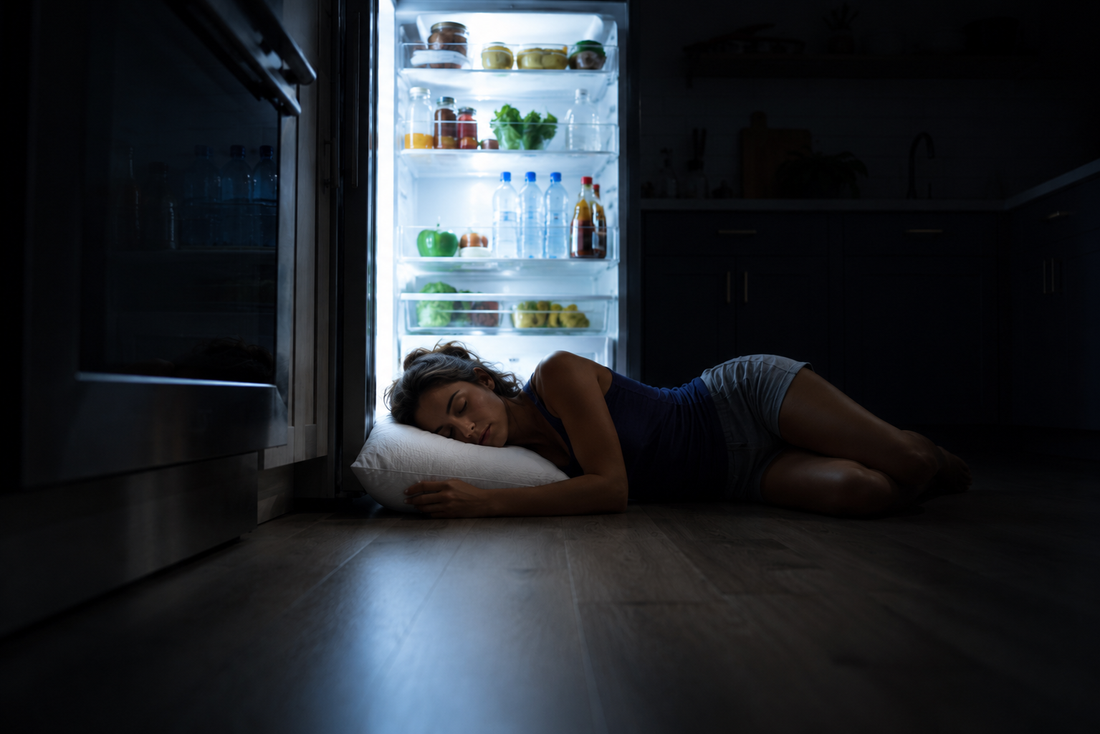 Hot sleeper resting on a pillow beside an open refrigerator while looking for relief from overheating at night