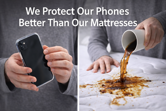 Split image comparing someone protecting their phone with a case while spilling coffee on an unprotected mattress, illustrating why a mattress protector is essential.
