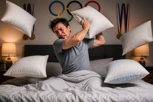 Frustrated hot sleeper flipping pillows at night seeking a cooler pillow alternative at Owen Holmes