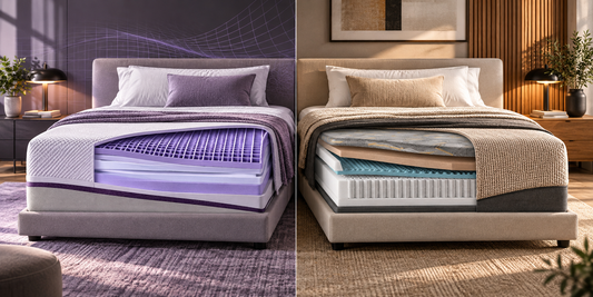 Purple mattress alternatives comparison showing a responsive mattress concept beside a traditional foam and hybrid mattress setup.