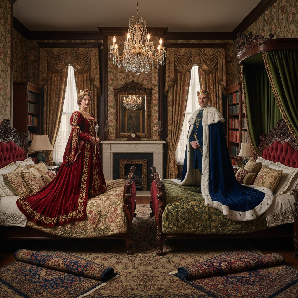 Queen vs king bed size comparison showing a couple choosing space and comfort for shared sleep in 2026