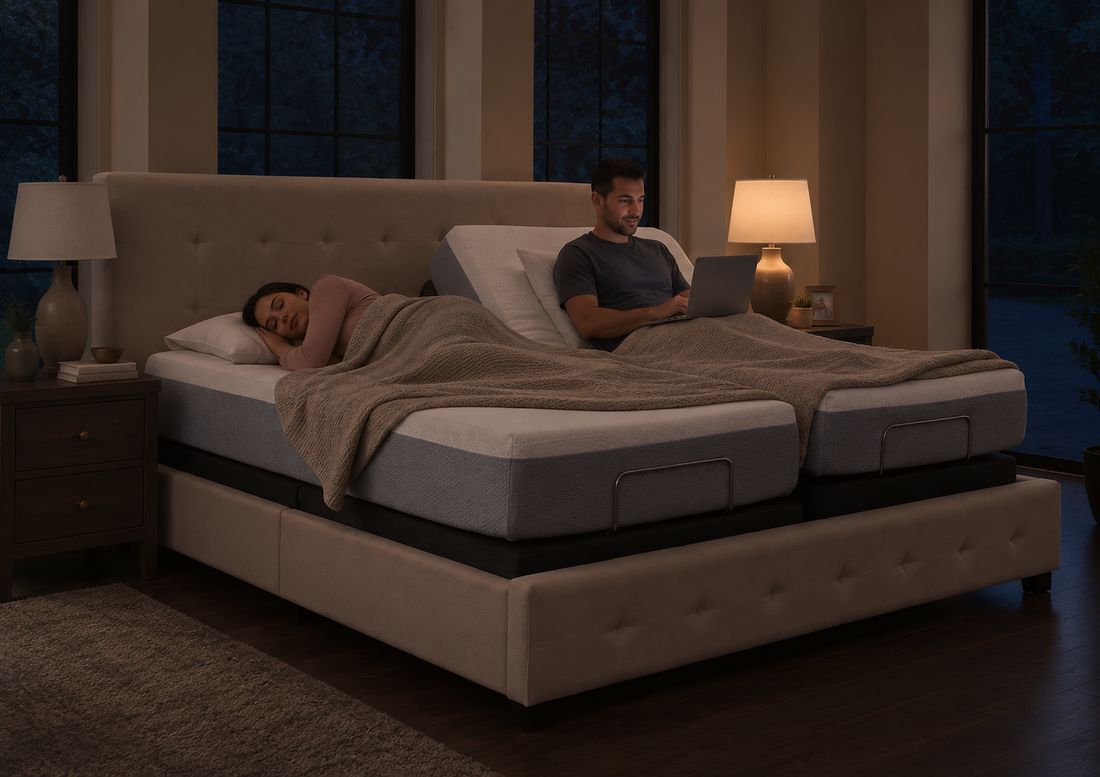 Couple using a split king adjustable bed at night, with one partner sleeping comfortably while the other works on a laptop under a bedside lamp, demonstrating independent comfort and customizable positioning.