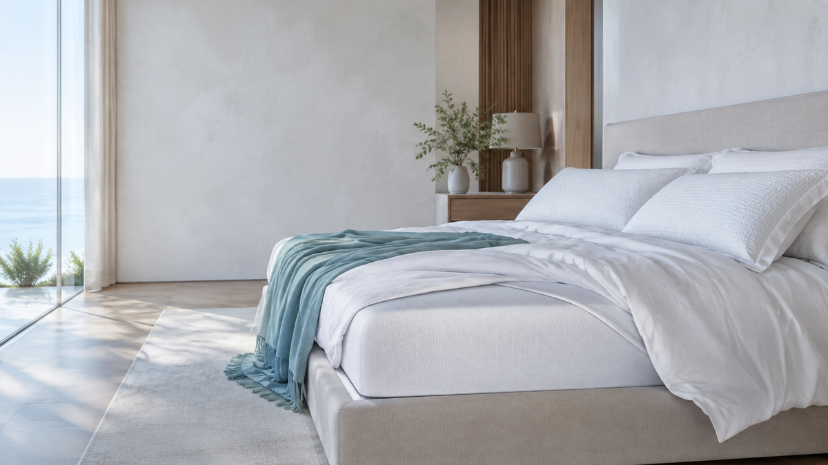 Bedroom set with floor to ceiling windows. Low profile bed frame with mattress, pillows and sheets.