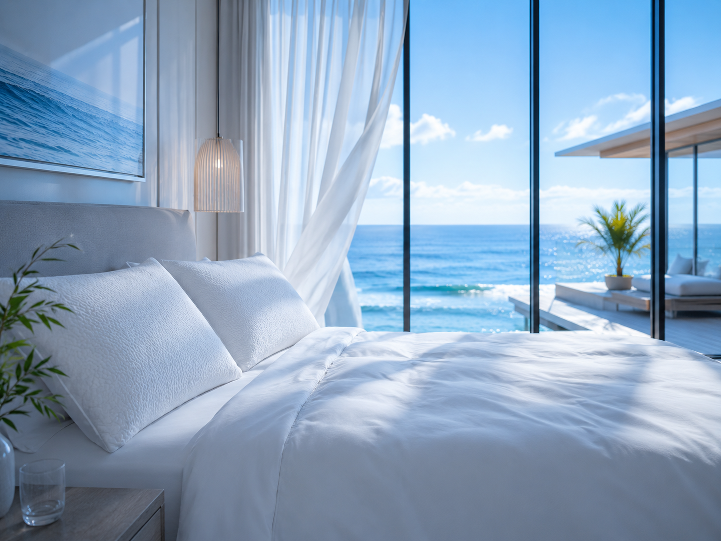 Luxury coastal bedroom with cooling pillows, crisp white bedding, and ocean views designed to create a cooler and more comfortable sleep environment.