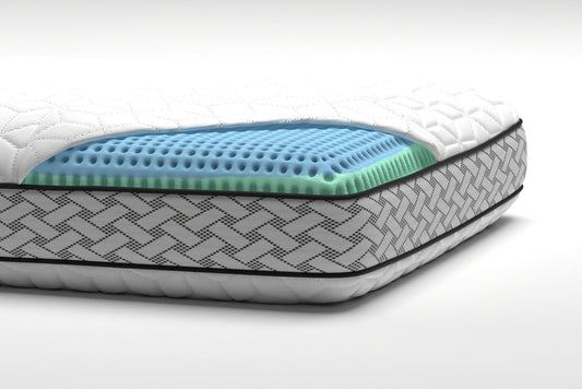 Cross-section of Owen Holmes Cryo Cooling Memory Foam Pillow showing gel layers
