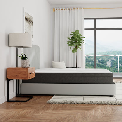 Modern bedroom with a bed / mattress, nightstand, lamp, and plant. Queen size mattress, top white and sides gray. Medium firmness