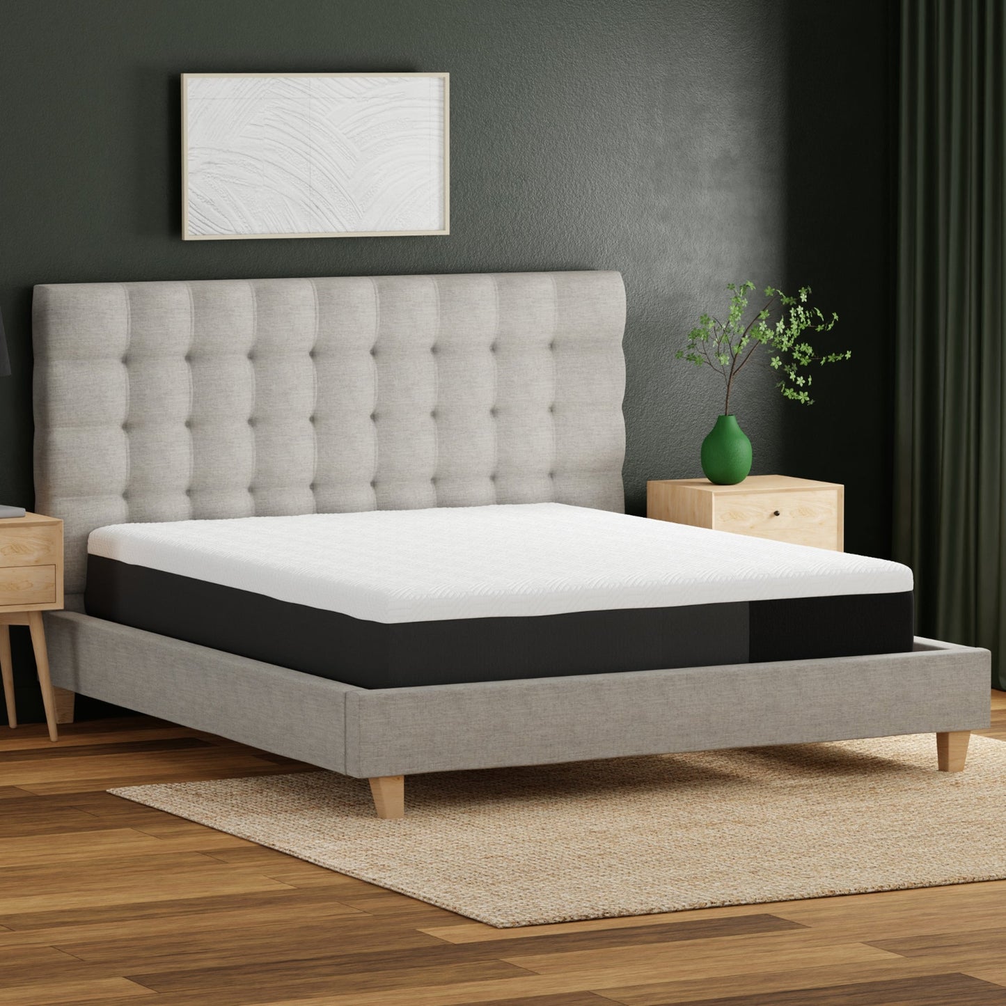 10_inch_Essentials mattress. Gray upholstered bed with white mattress in a bedroom setting
