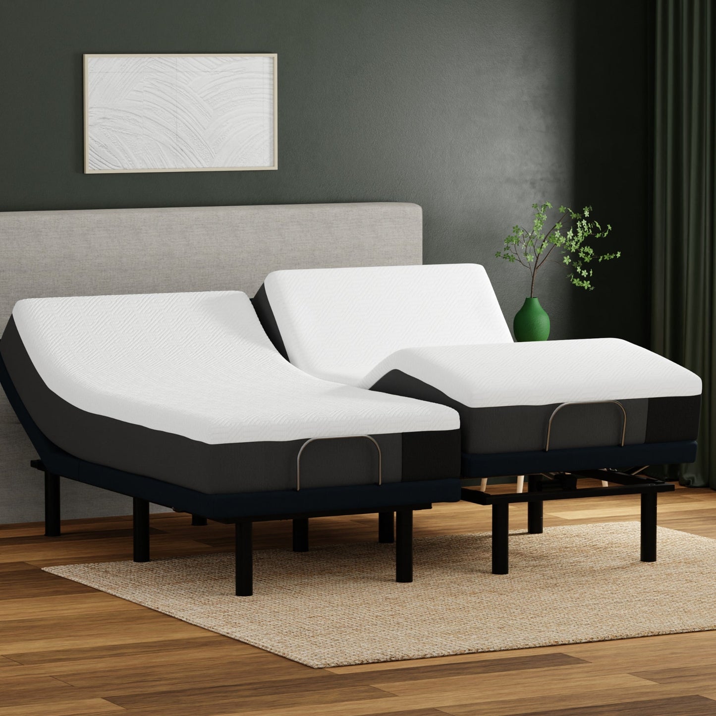 10_inch_Essentials mattress. Two twin mattresses make a split king. Mattress on adjustable beds with white mattresses and black frames in a room with a gray wall and plant.