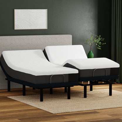 10_inch_Essentials mattress. Two twin mattresses make a split king. Mattress on adjustable beds with white mattresses and black frames in a room with a gray wall and plant.