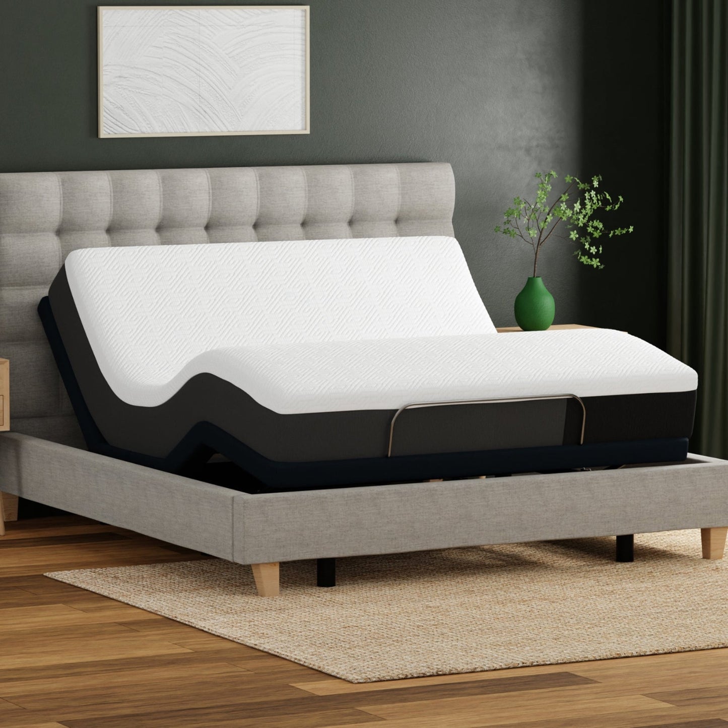 10_inch_Essentials mattress. Gray bed frame with adjustable mattress in a bedroom setting