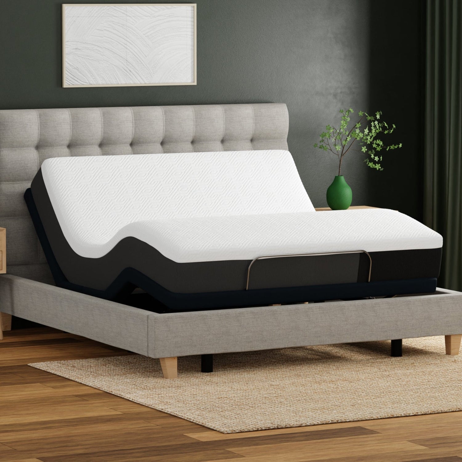 10_inch_Essentials mattress. Gray bed frame with adjustable mattress in a bedroom setting