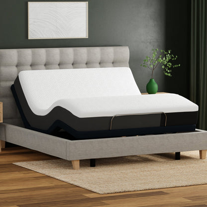 10_inch_Essentials mattress. Gray bed frame with adjustable mattress in a bedroom setting