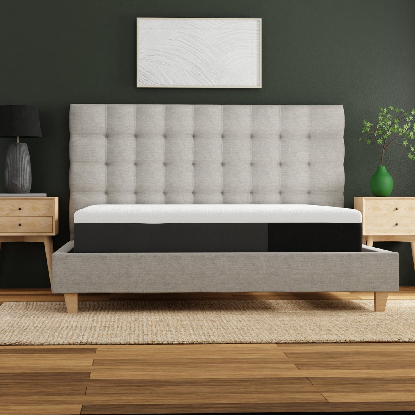 10_inch_Essentials mattress. Gray upholstered bed with white mattress in a bedroom setting.