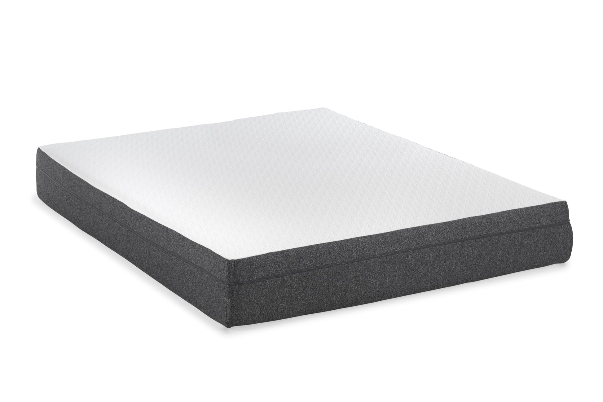 Modern bedroom with a bed / mattress, nightstand, lamp, and plant. Queen size mattress, top white and sides gray. Medium firmness