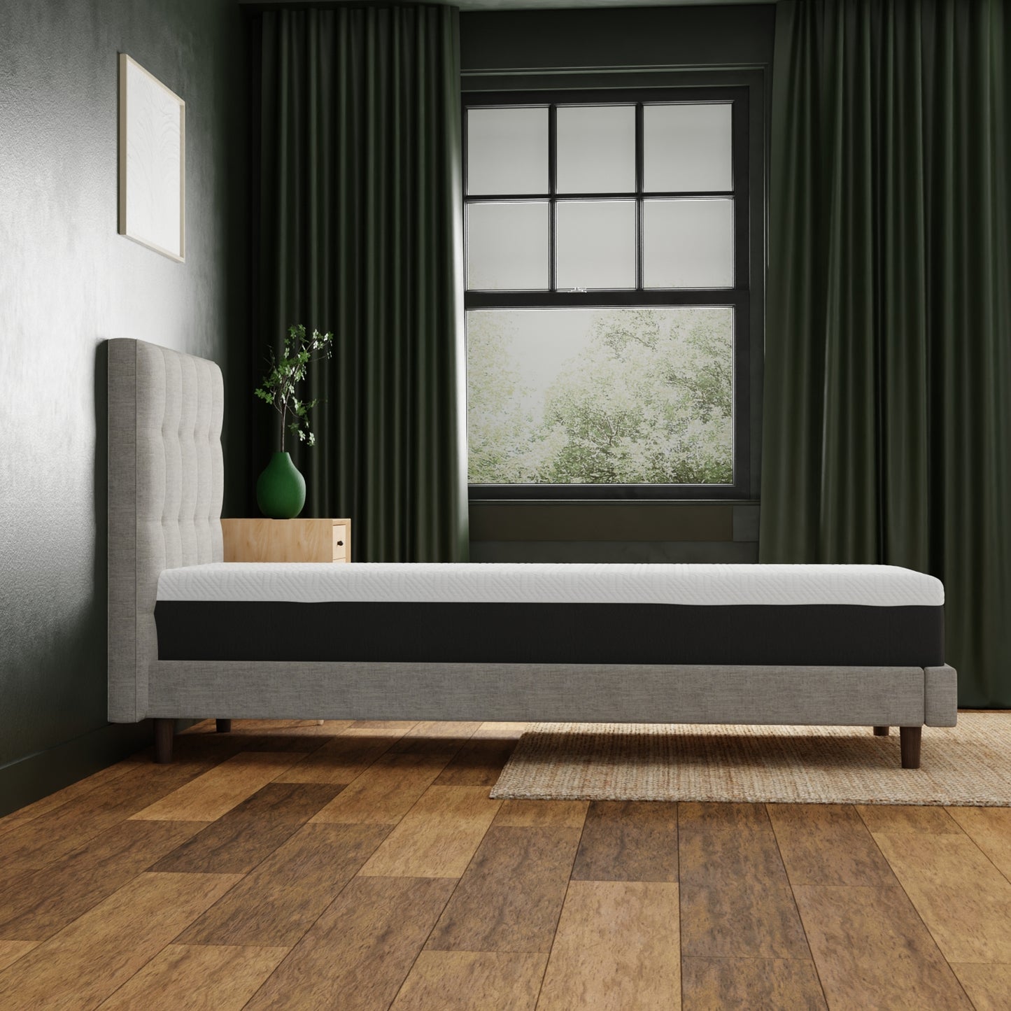 10 inch medium memory foam mattress- Twin XL size in upholstered bed frame. modern bedroom setting