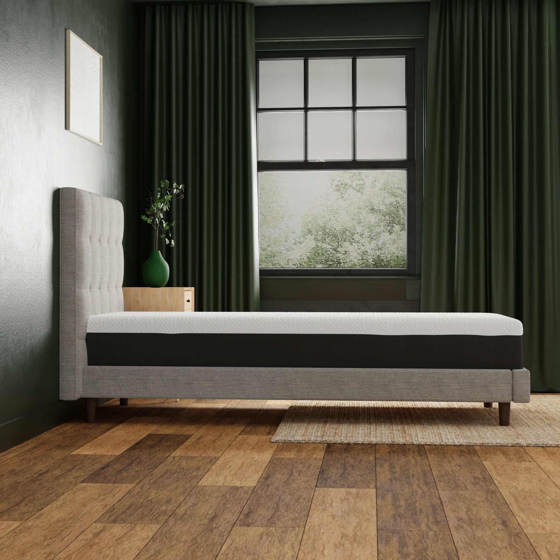 10 inch medium memory foam mattress- Twin XL size in upholstered bed frame. modern bedroom setting