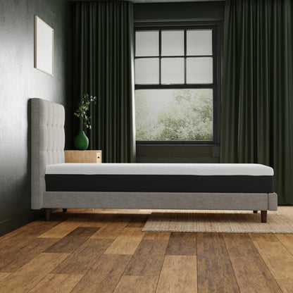 10 inch medium memory foam mattress- Twin XL size in upholstered bed frame. modern bedroom setting