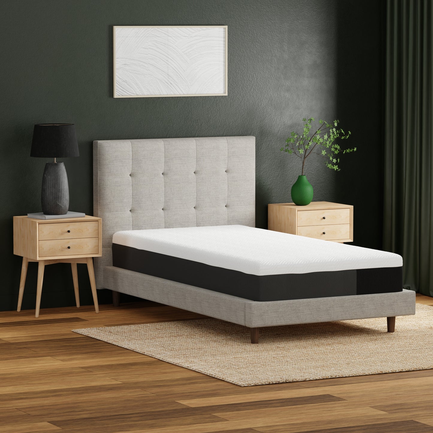 10 inch medium memory foam mattress- Twin XL size in upholstered bed frame. modern bedroom setting