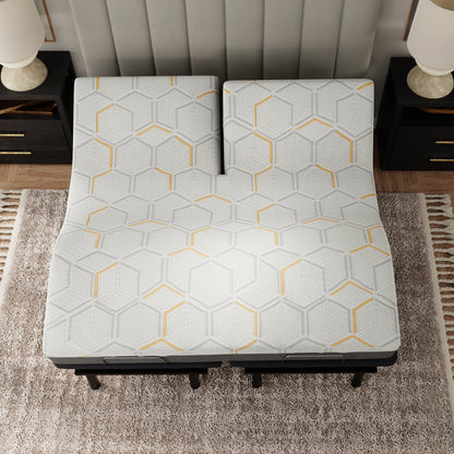 Mattress with geometric pattern in a bedroom setting. 12 in copper mattress split near the head only (the foot of mattress is not split). King size