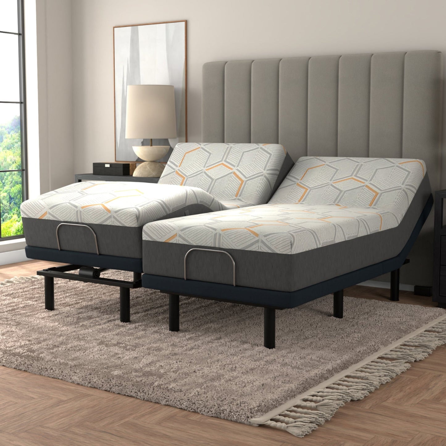 12 inch Copper Mattress . Two twin mattresses make a split king. Mattress on an adjustable beds with gray and white patterned mattresses in a room with a window and lamp.