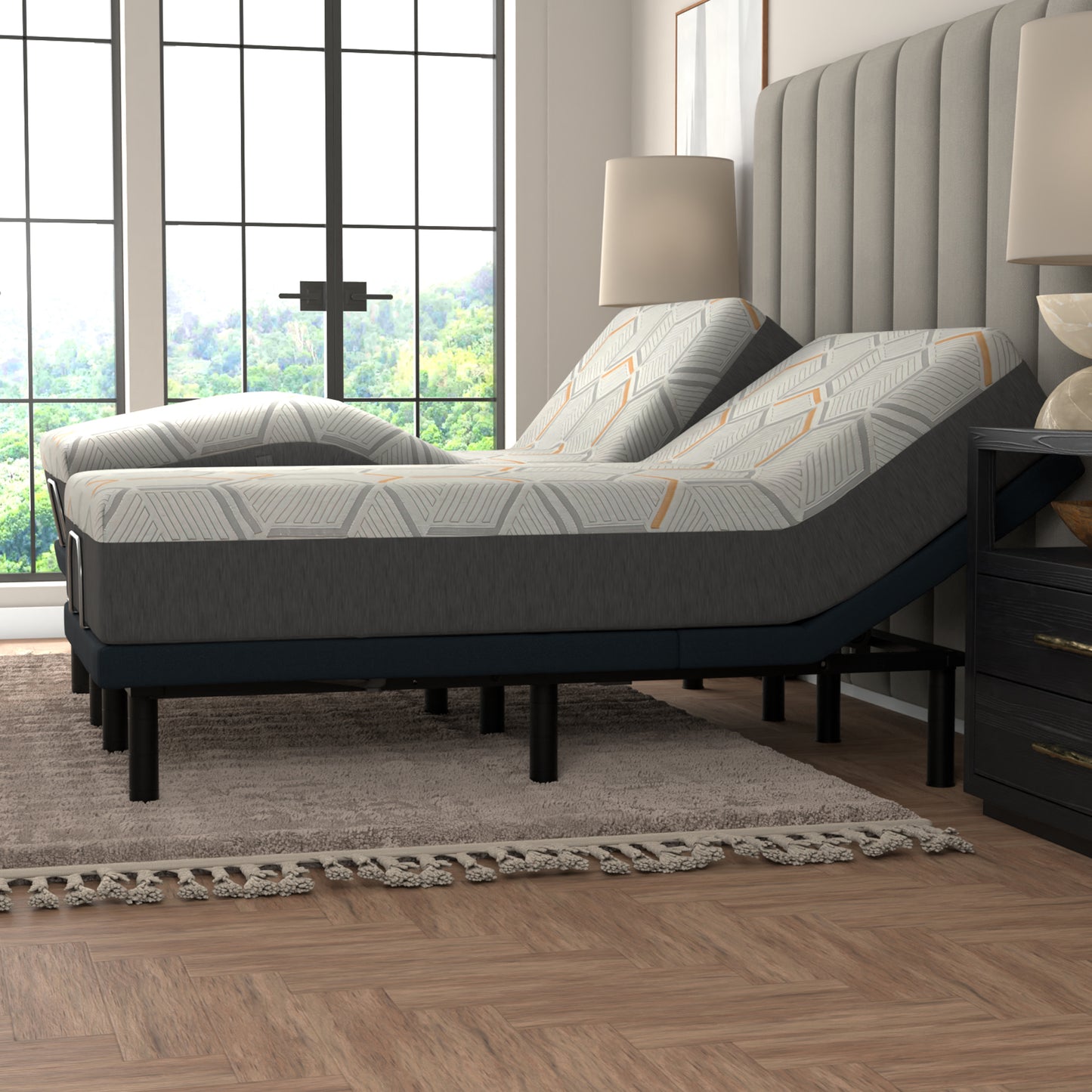 12 inch Copper Mattress in a Bedroom. 2 Twins make a split king. Mattresses on an Adjustable bed in a room with large windows and a rug.