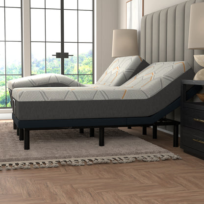 12 inch Copper Mattress in a Bedroom. 2 Twins make a split king. Mattresses on an Adjustable bed in a room with large windows and a rug.