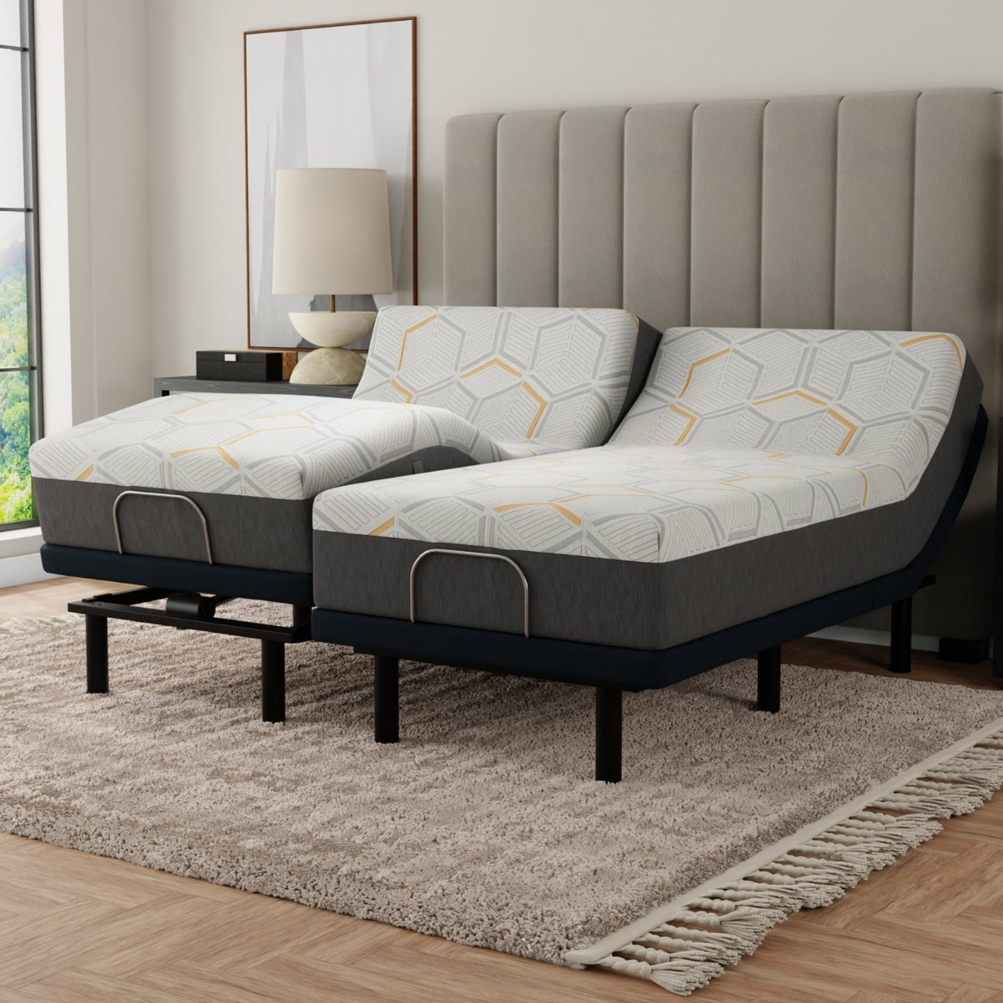 12 inch Copper Mattress in a Bedroom. Two Twin mattresses make a split king. Mattresses on an Adjustable bed with geometric patterned mattress in a bedroom setting