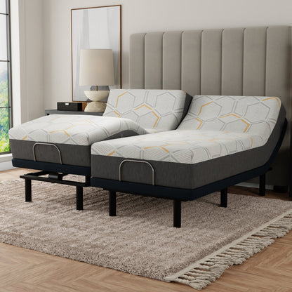 12 inch Copper Mattress in a Bedroom. Two Twin mattresses make a split king. Mattresses on an Adjustable bed with geometric patterned mattress in a bedroom setting